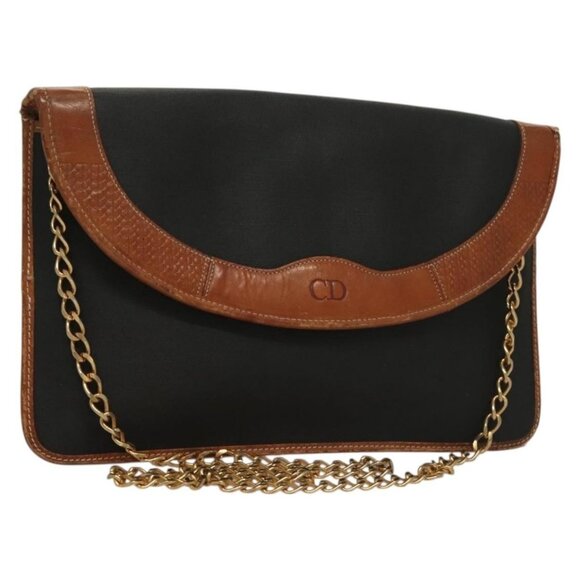 Authentic Christian Dior Chain Shoulder Bag Leather Black Gold